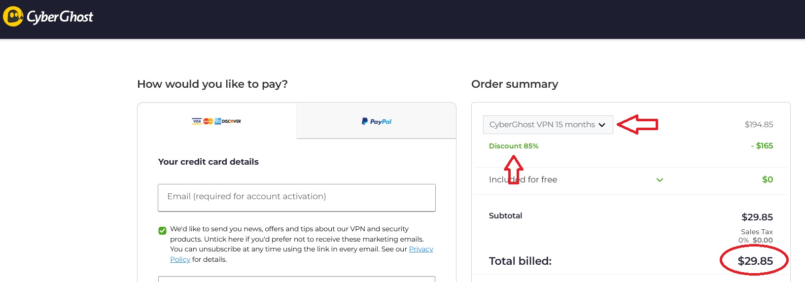 85% Cyberghost discount checkout page verification proof