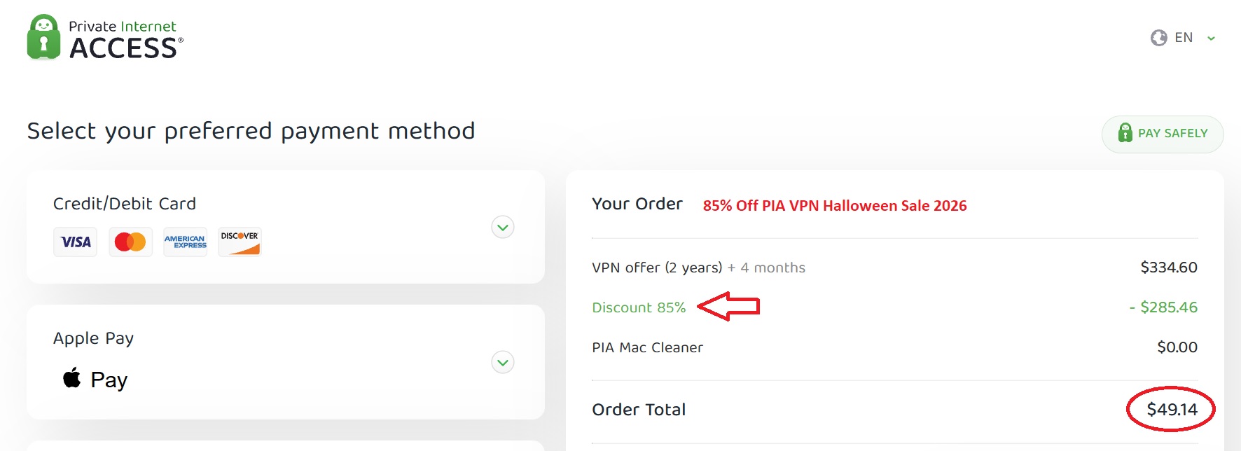 85% off PIA VPN Halloween discount 2026 price proof